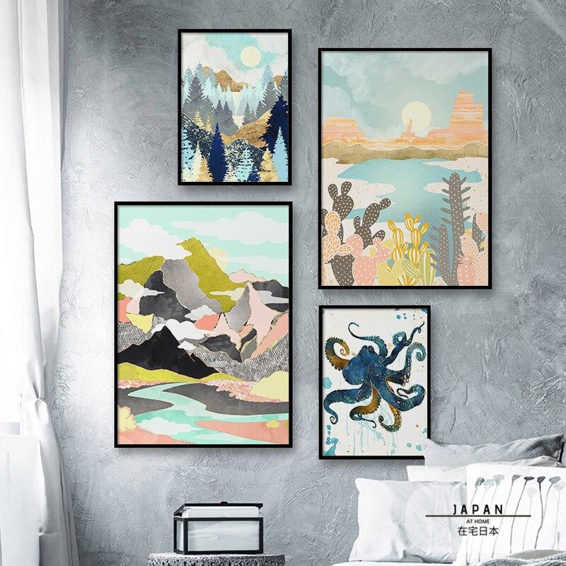 Japanese poster - Abstract landscape, "Mountains and cacti"