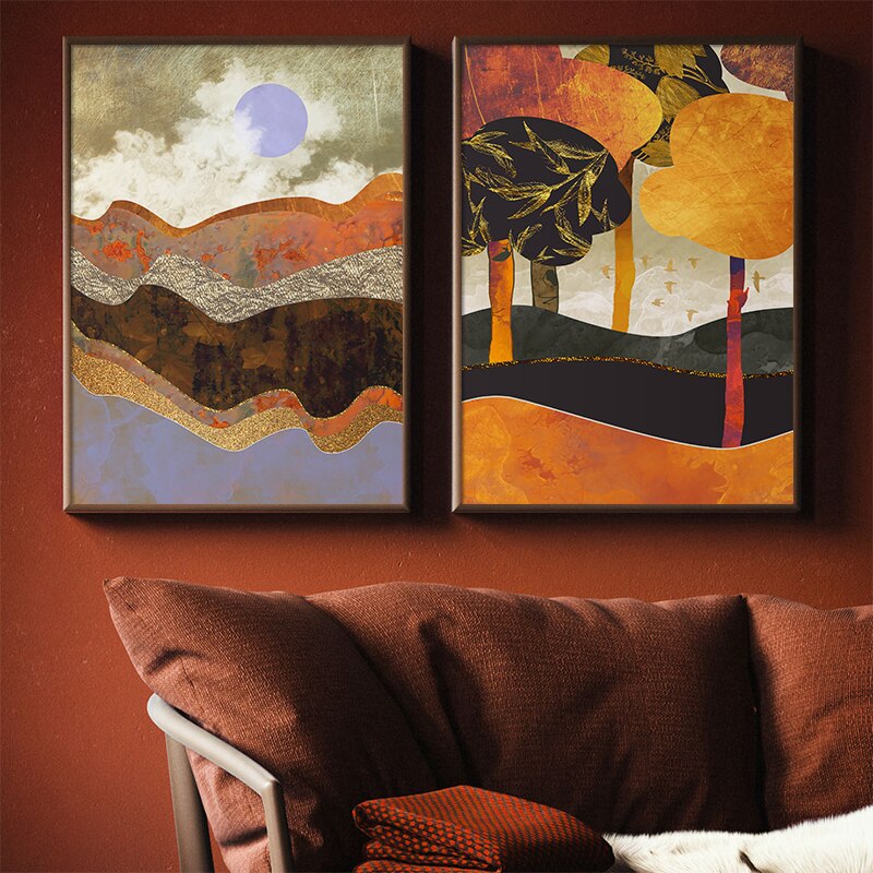 Japanese Poster, abstract landscape - "Forest of fire and gold"