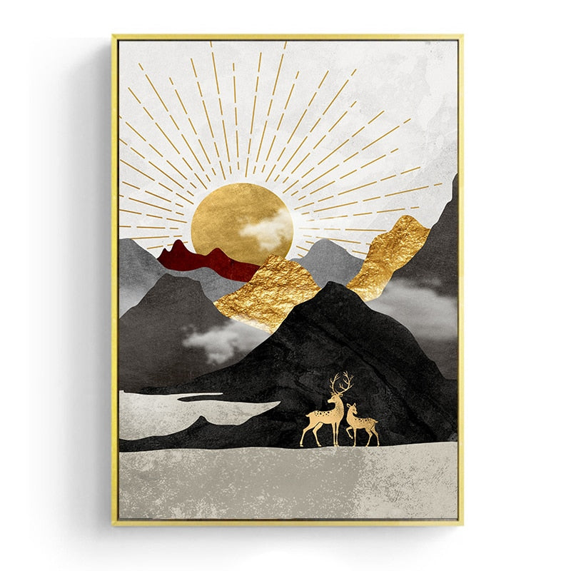 Japanese Poster - Geometric Landscape, "Golden Sun"