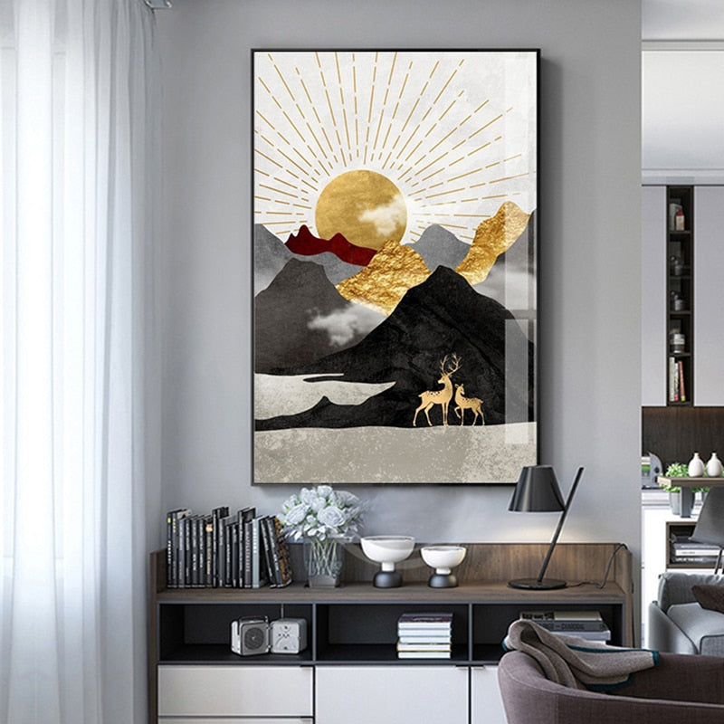 Japanese Poster - Geometric Landscape, "Golden Sun"